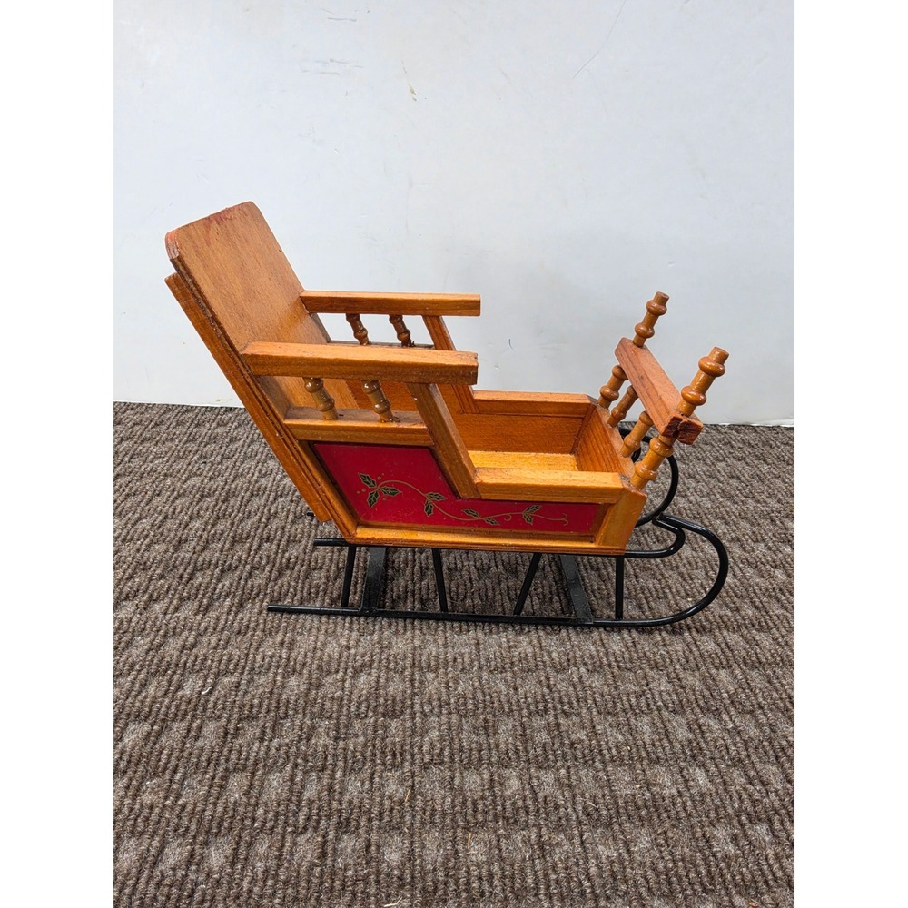 Vintage Decorative Wooden Sleigh Christmas Decor Metal Runners Holly Design